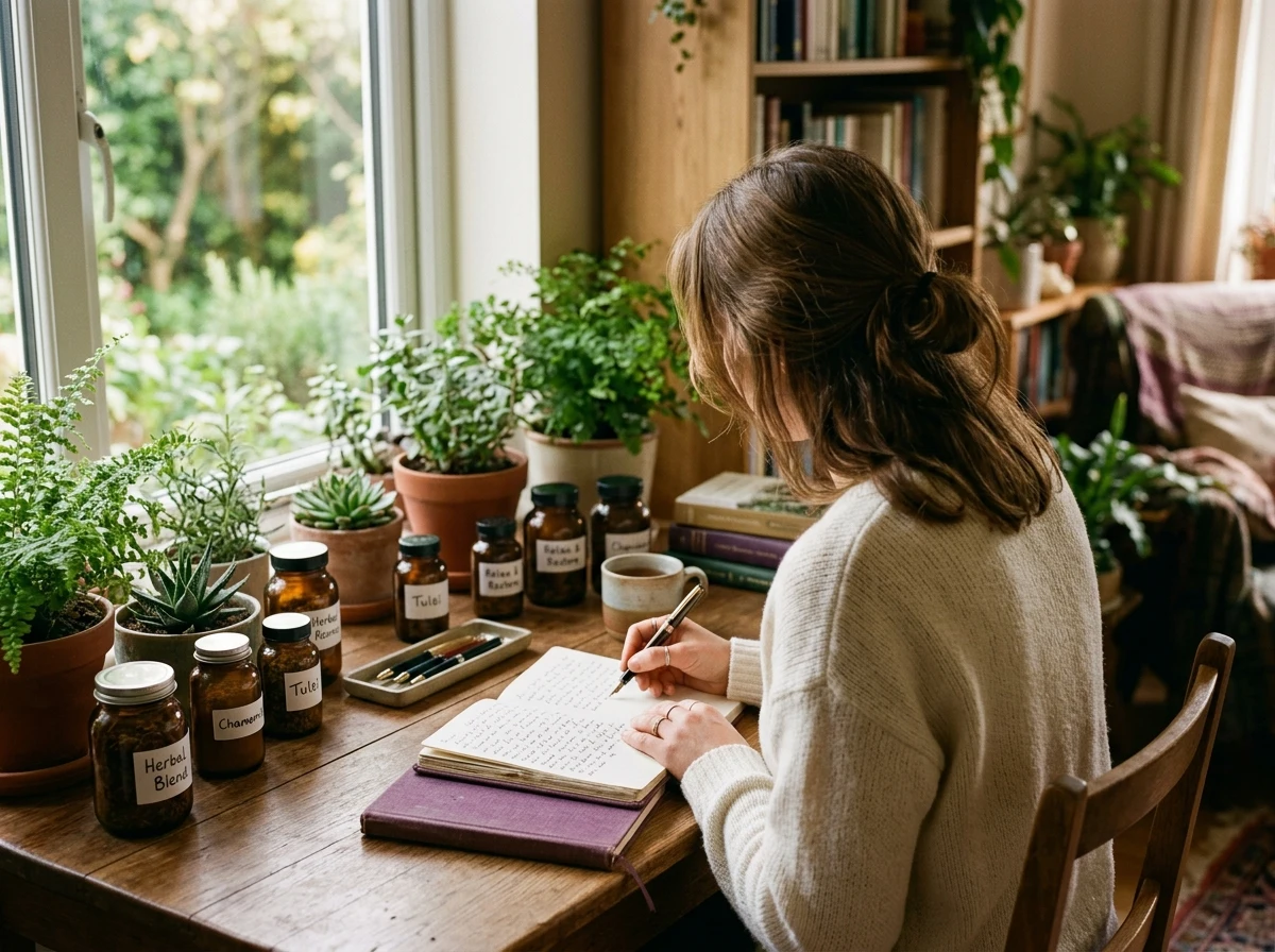 Anonieme schrijver aan bureau met planten en supplementen