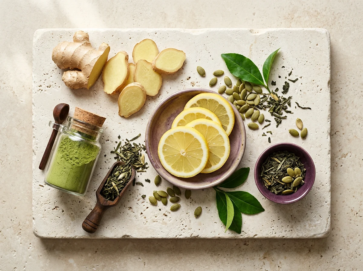 Botanische ingrediënten gember, groene thee en plantenextracten